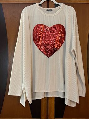 Ivory Oversized Rib Knit Top w/Red Sequin Heart-Side Slits-Sharkbite Hi-Lo Hem